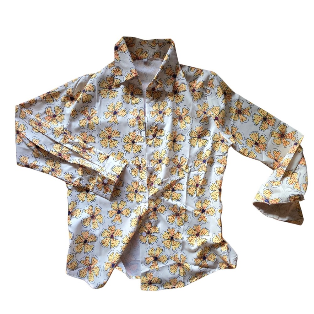 NWOT 70s Style Womens Floral Button Up Shirt Retro Yellow Boho Blouse Small